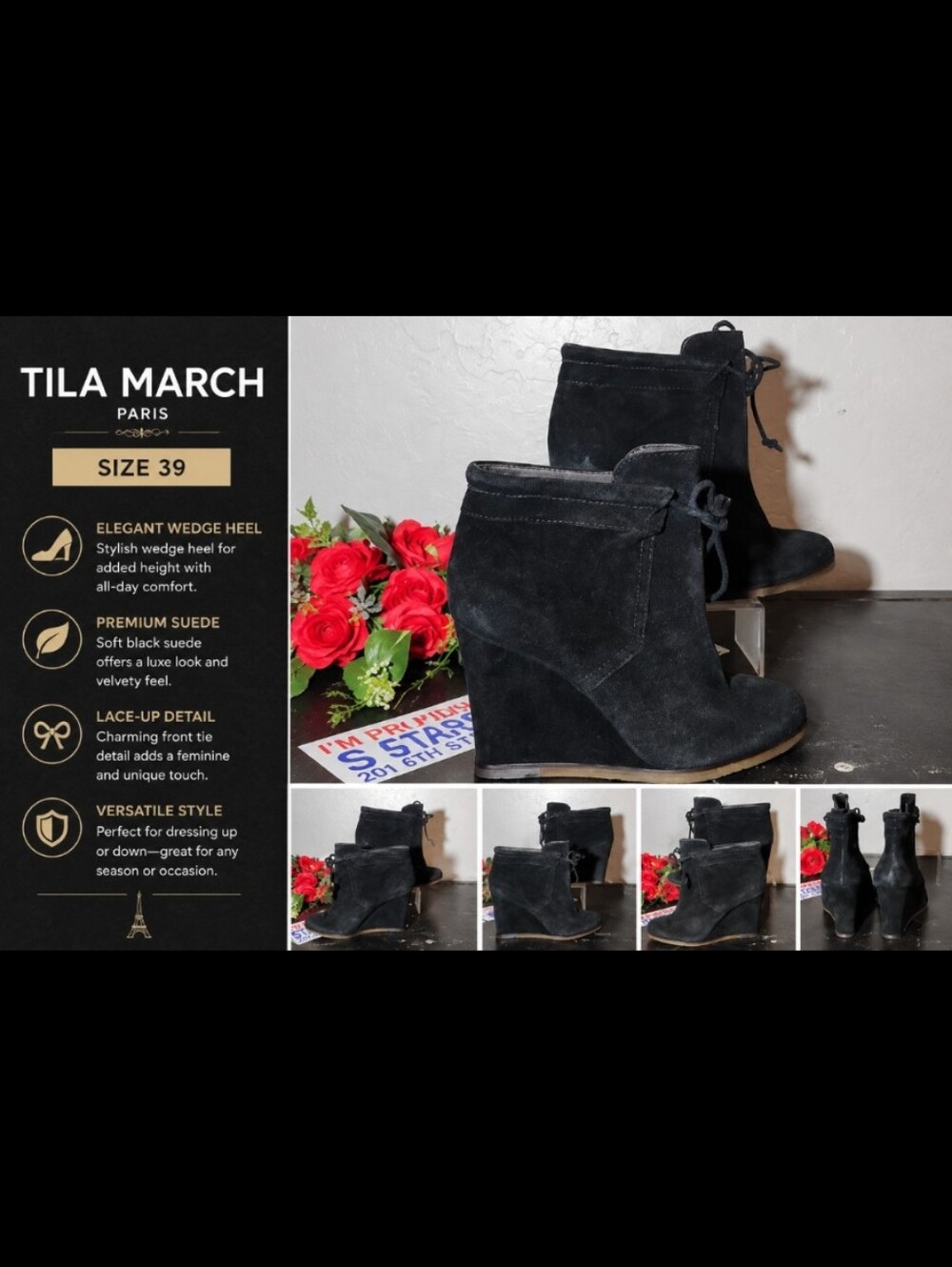 TILA MARCH PARIS Size 39 Black Suede Wedge Heel